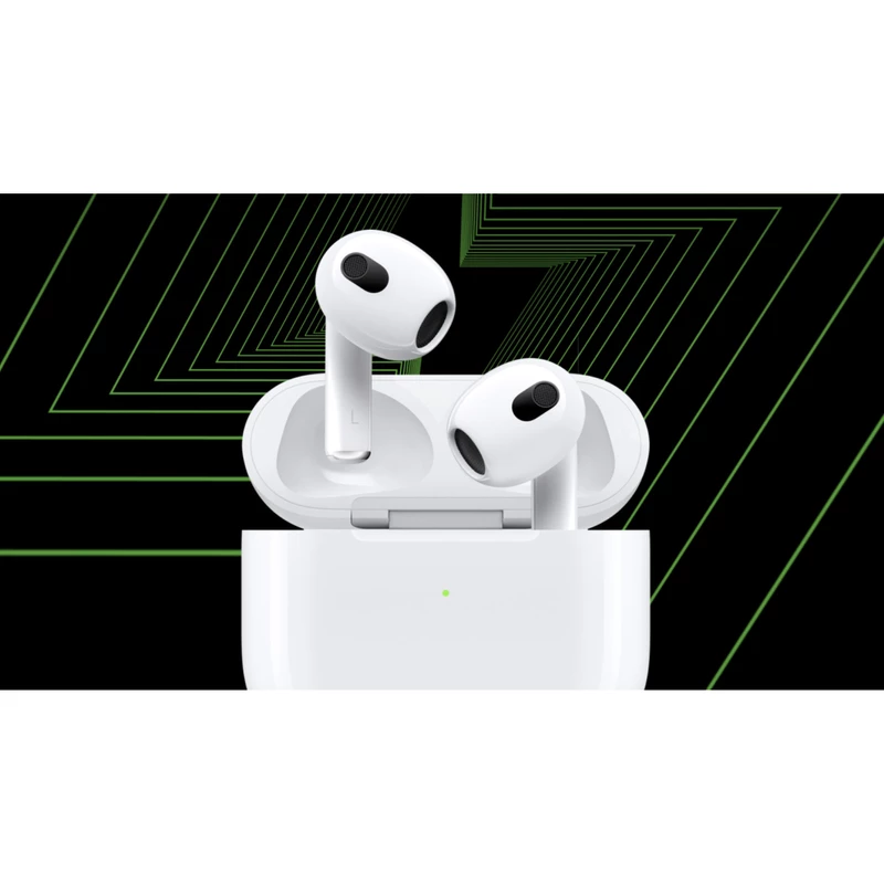 هدفون بلوتوثی اپل مدل AirPods 3 با نویز کنسلینگ میکروفون (ENC)، درگاه شارژ لایتنینگ، دارای سنسور تشخیص پوست و پشتیبانی از فرمان لمسی، مقاوم در برابر رطوبت و عرق