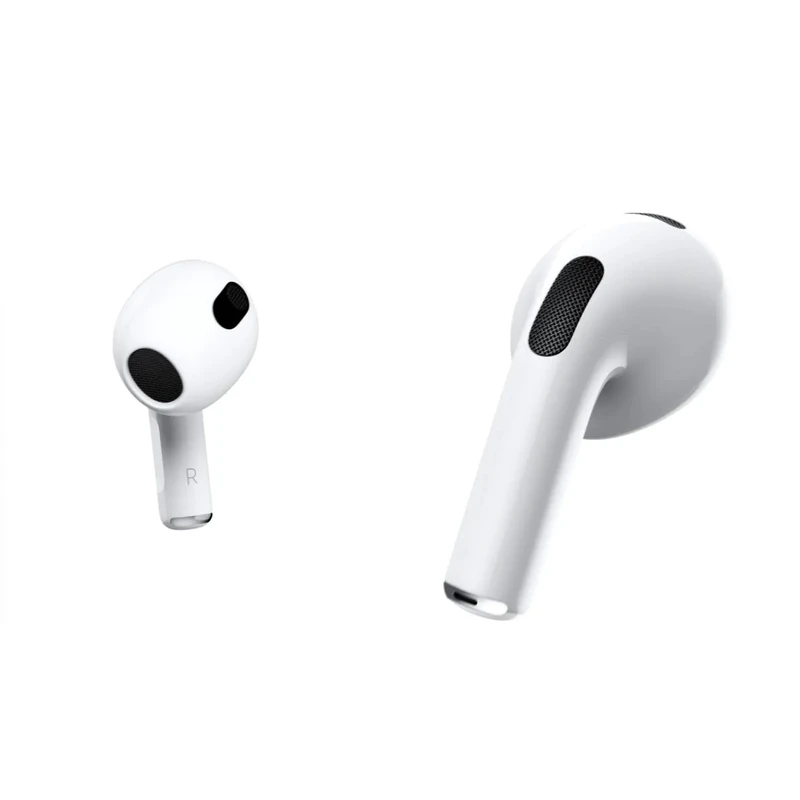 هدفون بلوتوثی اپل مدل AirPods 3 با نویز کنسلینگ میکروفون (ENC)، درگاه شارژ لایتنینگ، دارای سنسور تشخیص پوست و پشتیبانی از فرمان لمسی، مقاوم در برابر رطوبت و عرق