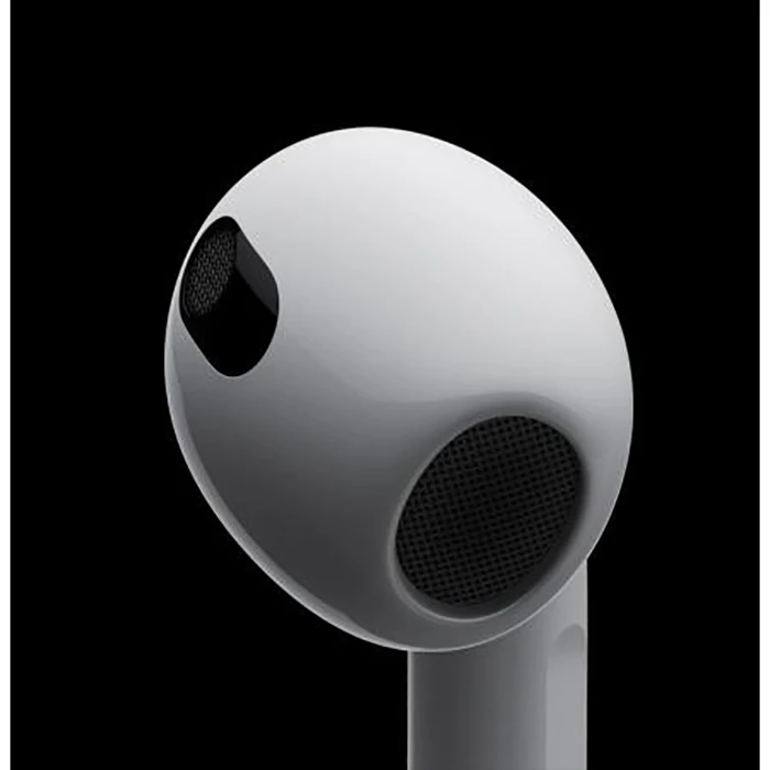 هدفون بلوتوثی اپل مدل AirPods 3 با نویز کنسلینگ میکروفون (ENC)، درگاه شارژ لایتنینگ، دارای سنسور تشخیص پوست و پشتیبانی از فرمان لمسی، مقاوم در برابر رطوبت و عرق