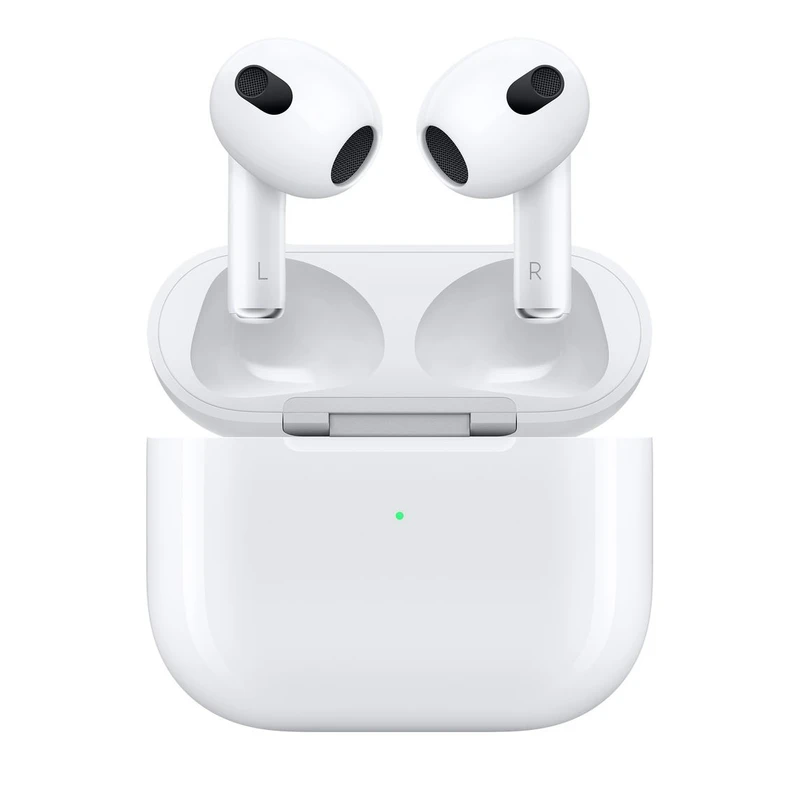 هدفون بلوتوثی اپل مدل AirPods 3 با نویز کنسلینگ میکروفون (ENC)، درگاه شارژ لایتنینگ، دارای سنسور تشخیص پوست و پشتیبانی از فرمان لمسی، مقاوم در برابر رطوبت و عرق