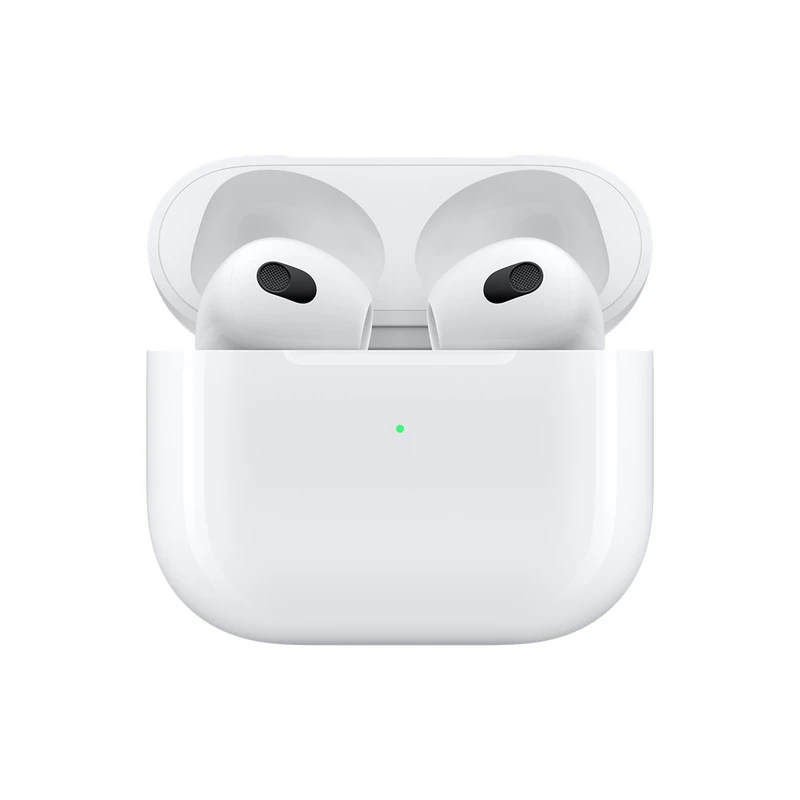 هدفون بلوتوثی اپل مدل AirPods 3 با نویز کنسلینگ میکروفون (ENC)، درگاه شارژ لایتنینگ، دارای سنسور تشخیص پوست و پشتیبانی از فرمان لمسی، مقاوم در برابر رطوبت و عرق