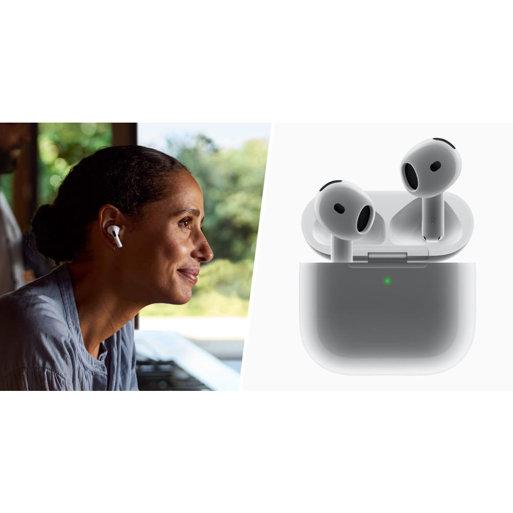 هدفون بلوتوثی اپل مدل AirPods 4 دارای نویز کنسلینگ، درگاه شارژ USB-Type-C و شارژ بی سیم، با قابلیت اتصال به چند دستگاه، پشتیبانی از فرمان لمسی و دستیار صوتی، نشانگر LED، مقاوم در برابر پاشش آب و گرد و غبار
