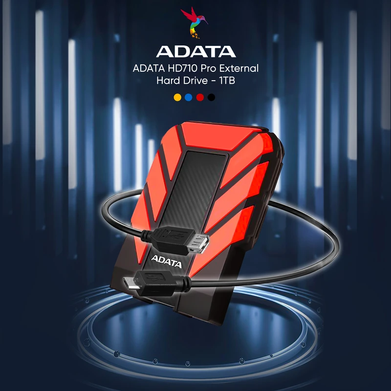 هارد اکسترنال ای دیتا مدل HD710 Pro با ظرفیت یک ترابایت دارای رابط USB Type-A 3.0، سازگار با گوشی موبایل، تبلت، کامپیوتر و لپ‌تاپ (ویندوز و مک) با سرعت چرخش 5400 دور در دقیقه، مقاوم در برابر ضربه، نفوذ گرد و غبار، خط و خش، دارای نشانگر LED