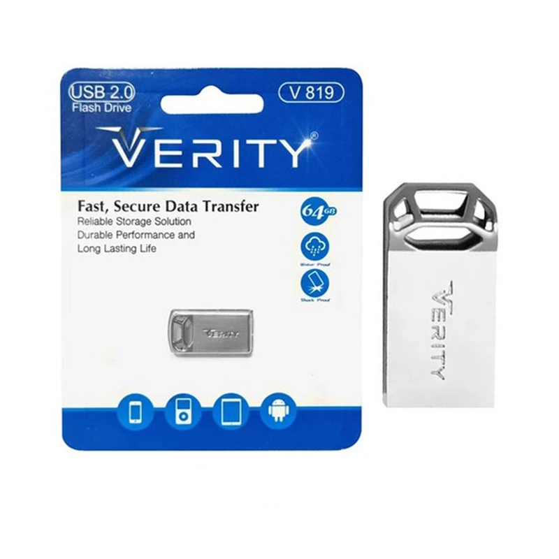 فلش مموری 64 گیگابایت وریتی مدل V-819، دارای رابط‌ USB 2.0، طول عمر زیاد، سرعت استاندارد انتقال اطلاعات 480 مگابیت بر ثانیه، ضد آب، خش و شوک