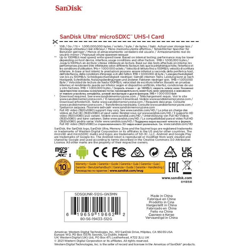 کارت حافظه microSDXC سن دیسک مدل Ultra A1 کلاس 10 استاندارد UHS-I سرعت 150MBps ظرفیت 512 گیگابایت